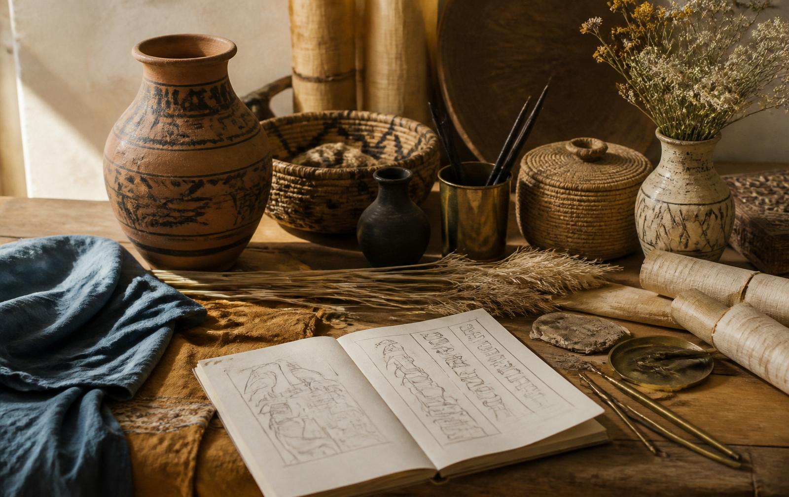 Egyptian artisan still life with pottery, papyrus, sketchbook, and natural textiles