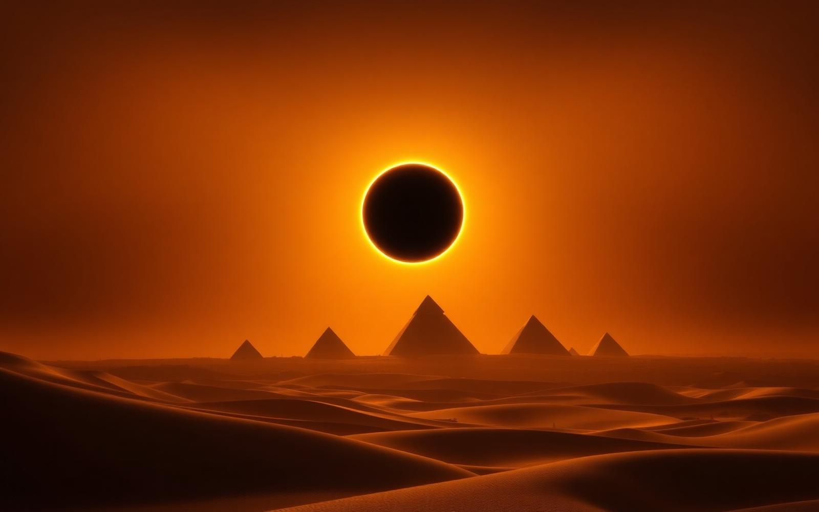 Total solar eclipse over the Egyptian desert with pyramids on the horizon